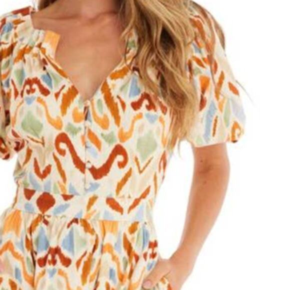 Allison Alice Puff Sleeve V Neck Mini Dress Ivory Ikat Cotton Lined XS 2 NEW - Picture 2 of 6